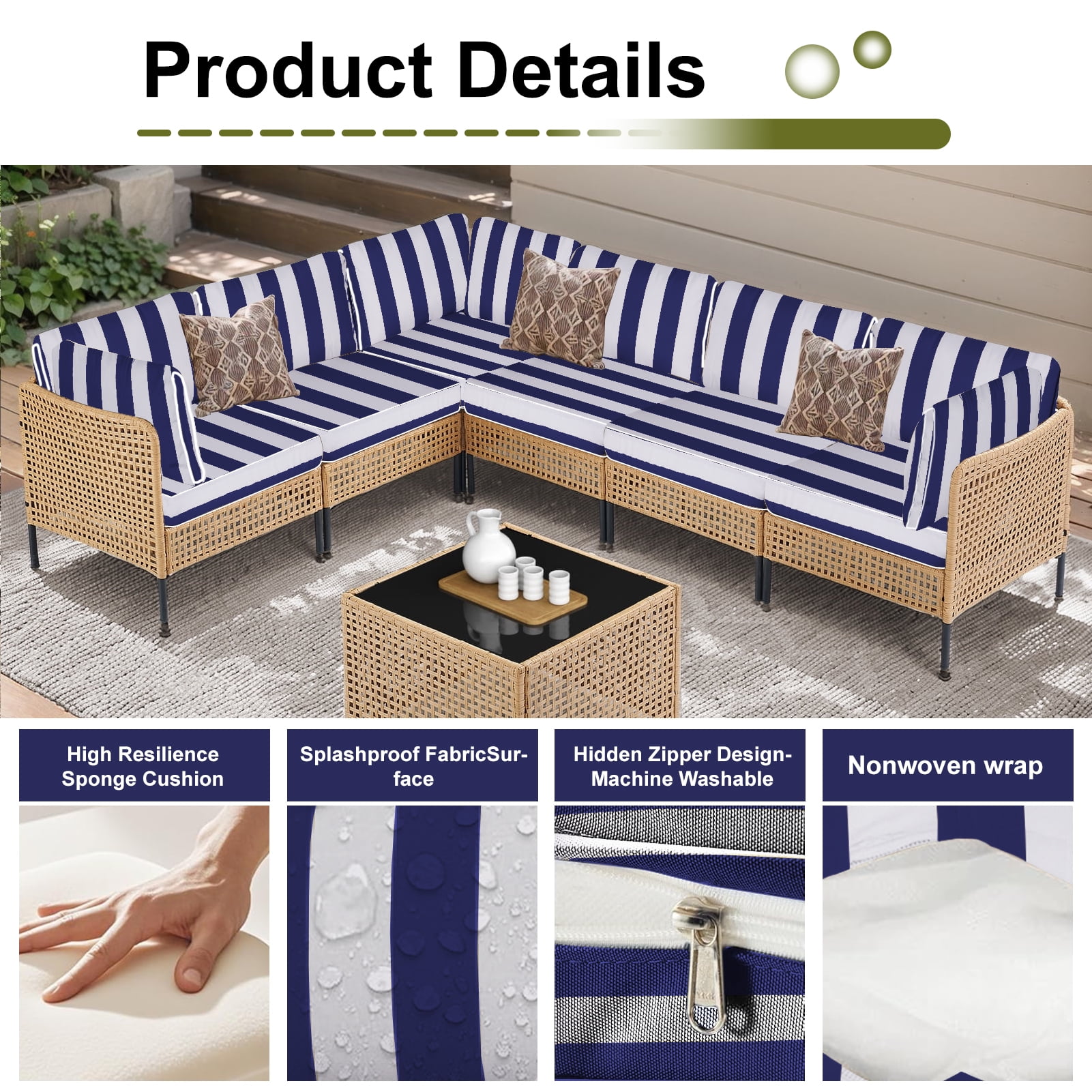 XXLYY Outdoor Replacement Cushions for Patio Furniture, 14 Piece Patio Sectional Cushions, 4" Water-Resistant Replacement Sofa Cushions Fits 6-seat Rattan Conversation Set