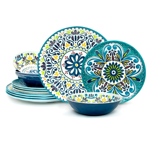 Zak Designs Medallion 12Piece Plate Bowl Durable Melamine Plastic