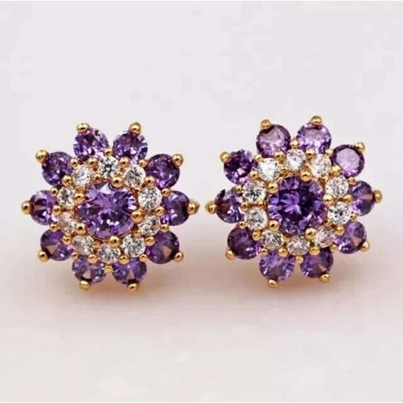 1CT Round Cut Purple Amethyst 925 Silver Stud Earrings 14k Yellow Gold Plated
