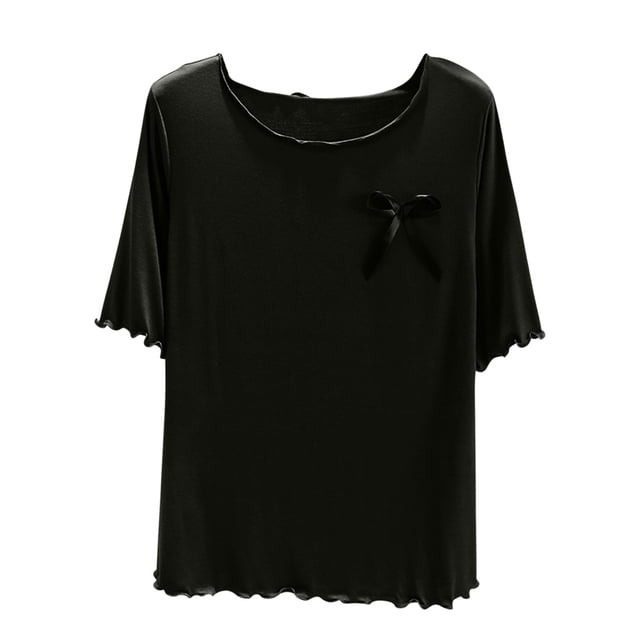 Camisas de Cuello de la Tripulación de Manga Corta para las Mujeres de Color Sólido Casual Delgado, Base de Casa Pijama Superior Poliéster