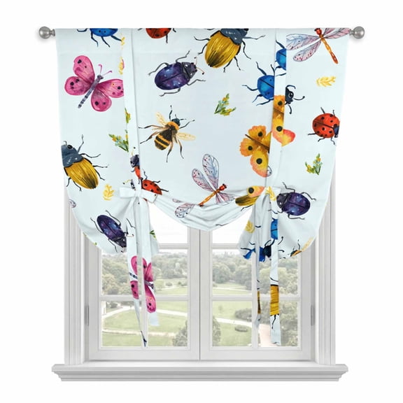Cute Butterfly Dragonfly Tie Up Curtains for Windows, Balloon Window Shades, Farmhouse Botanical Floral Blue Kitchen Window Treatments Roll Up Curtain for Basement/Nursery 52"x45"