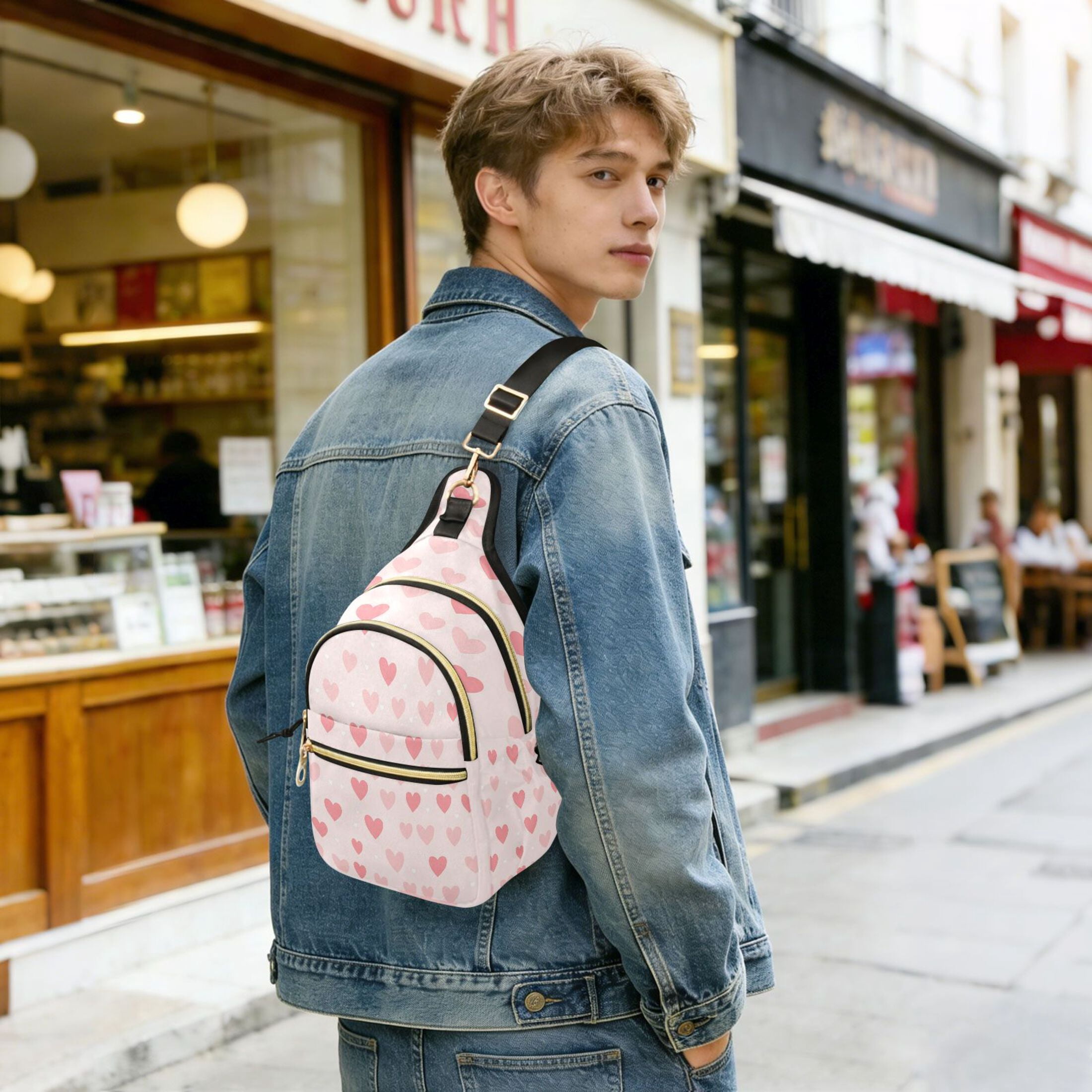 Crossbody Sling Bag for Women Shoulder Purse Trendy Daypack with Adjustable Strap Pink Love Heart
