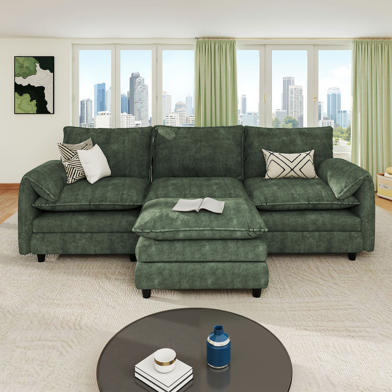 Uforic Sectional Sofa with Ottoman, 108" L Shape Modern 4 Seat Cloud Couch with Pillow-Armrest,Green