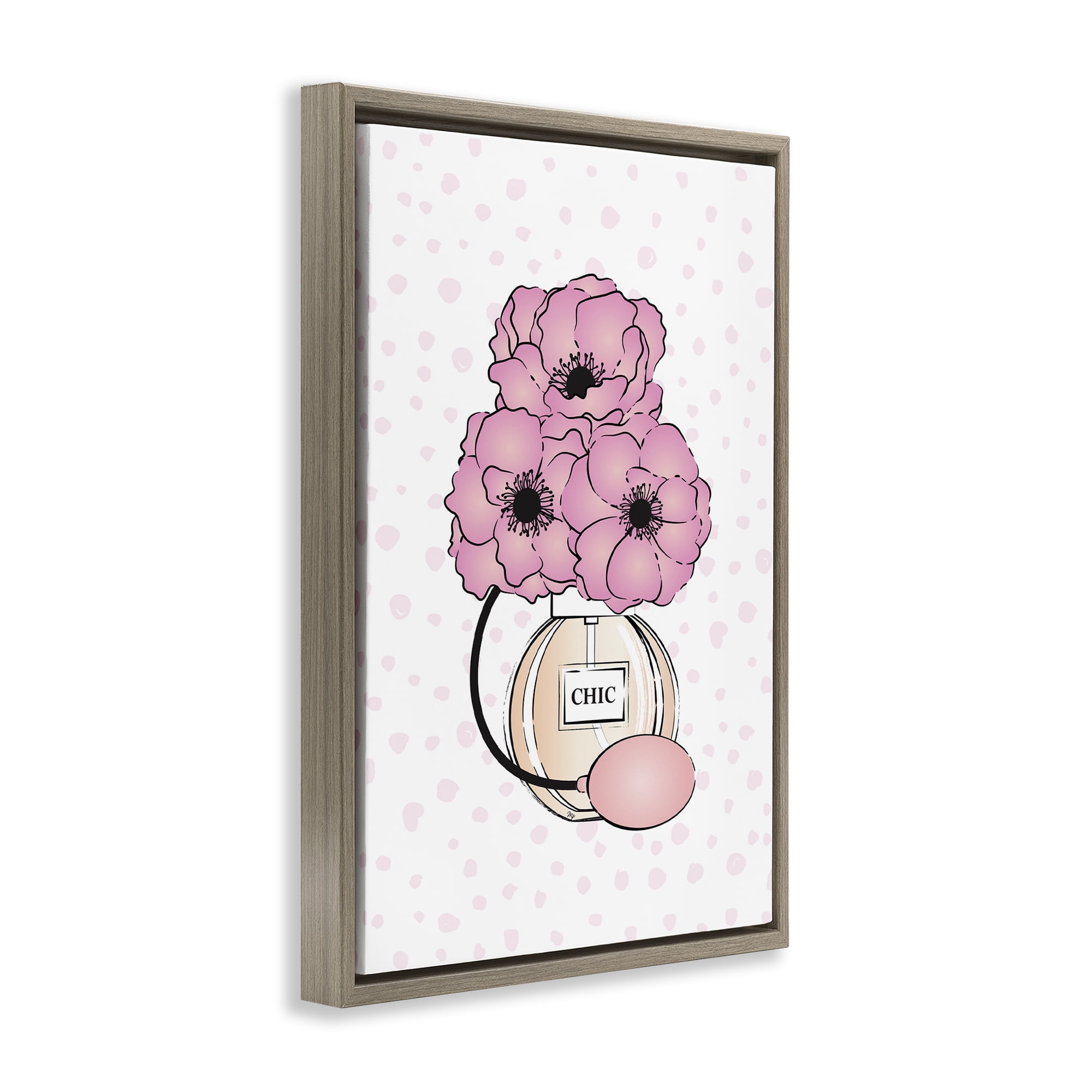 Stupell Industries Pink Florals in Perfume Botanical & Floral Painting Brown Floater Framed Art Print Wall Art, 21 x 31