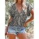 thumbnail image 2 of Blusa estampada con botones para mujer, manga corta, cuello en V, blusa informal con estampado elegante para el trabajo, fiesta diaria, 2 of 6