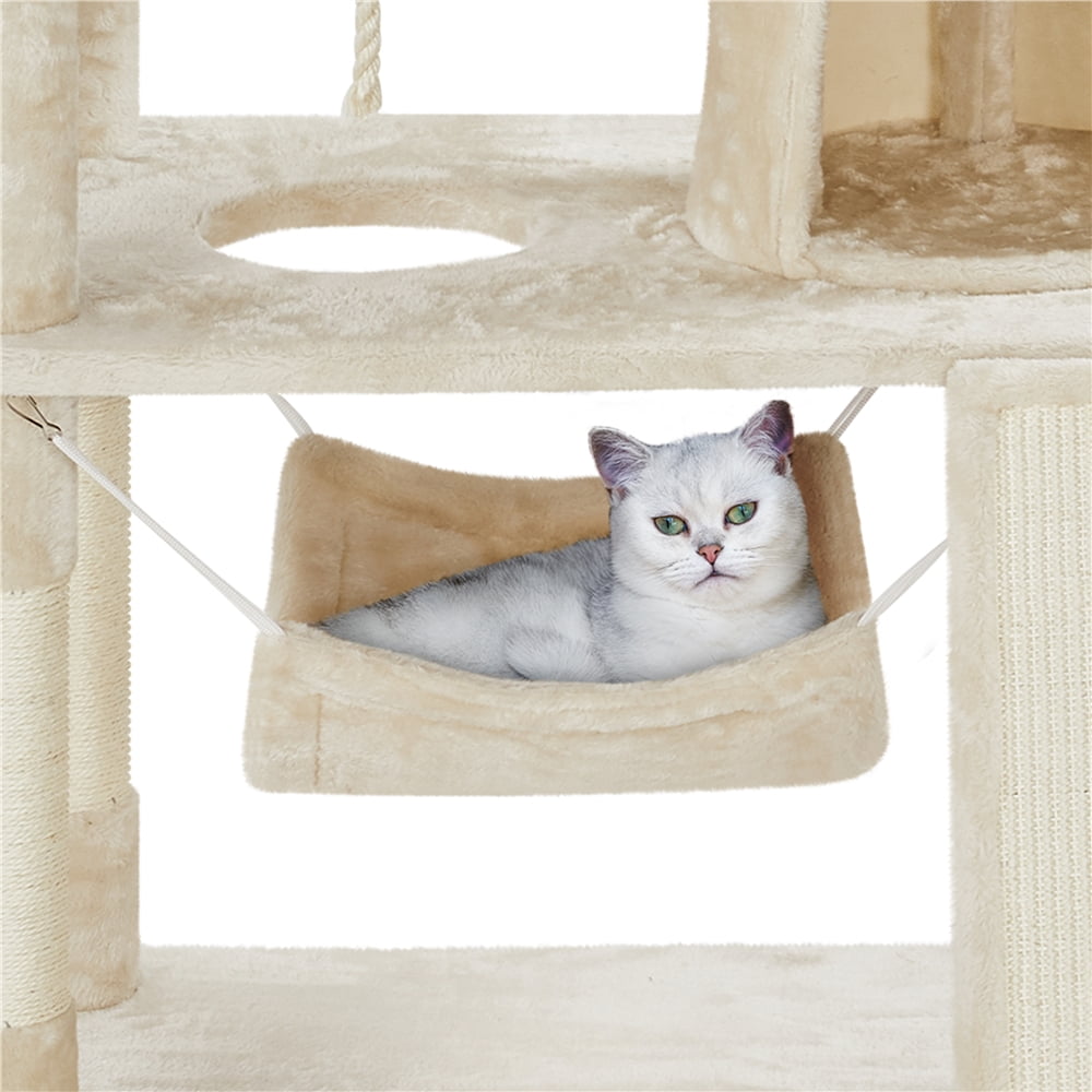 Alden Design 63″H Multi Level Cat Tree Condo with Basket & Hammock & Scratching Post, Beige