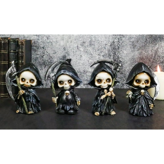 Ossuary Macabre Whimsical Skeleton Chibi Grim Reapers With Scythes Figurines Set