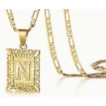 APIPEE 14K Gold Plated Initial Letter Pendant Necklace for Men and Women – Square Capital A–Z Alphabet on Figaro Chain