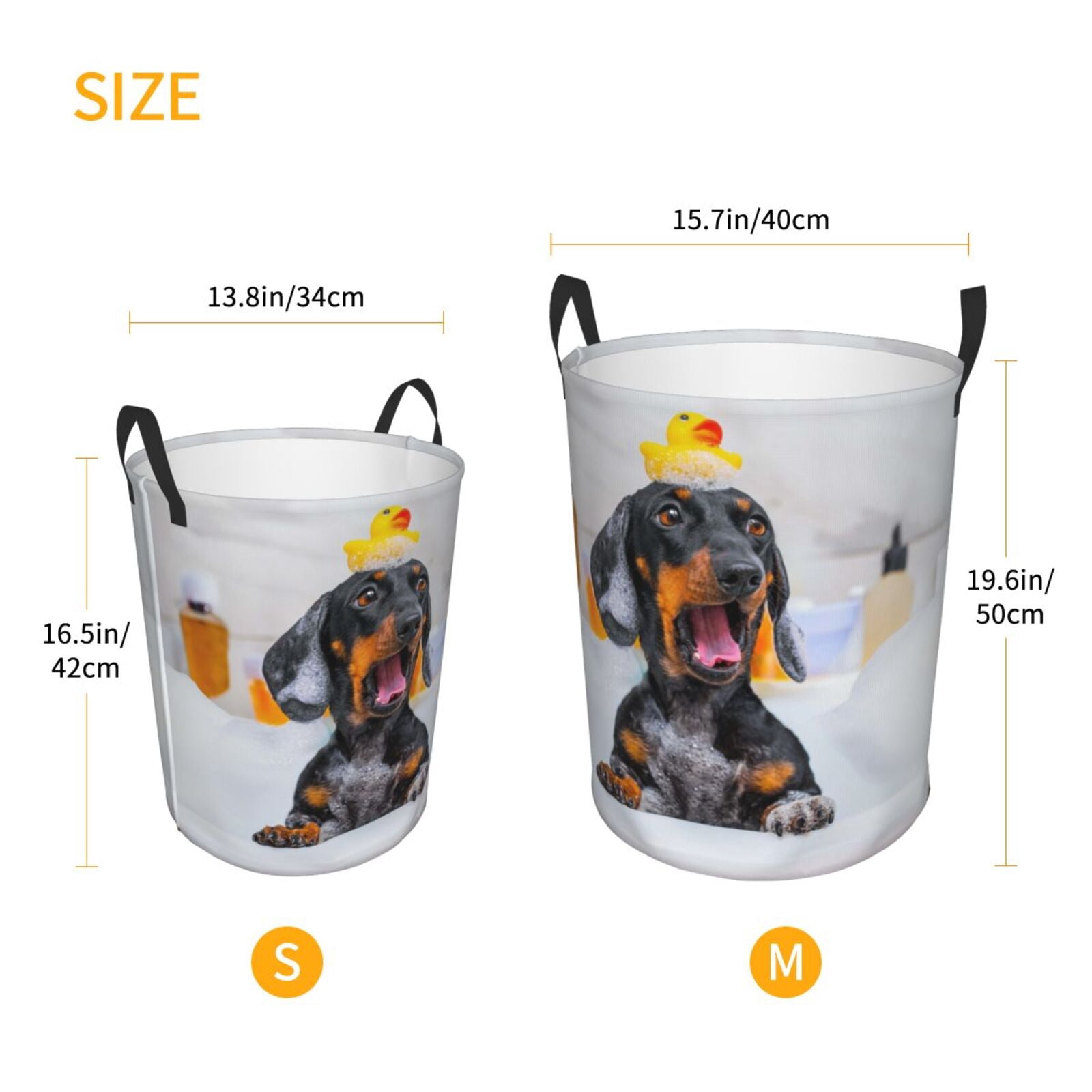 Gukieu Puppy Sits In Bathtub Print Round Dirty Clothes Bag, Waterproof Standing Home Bathroom Storage Basket Car Trunk Storage Bag-Small