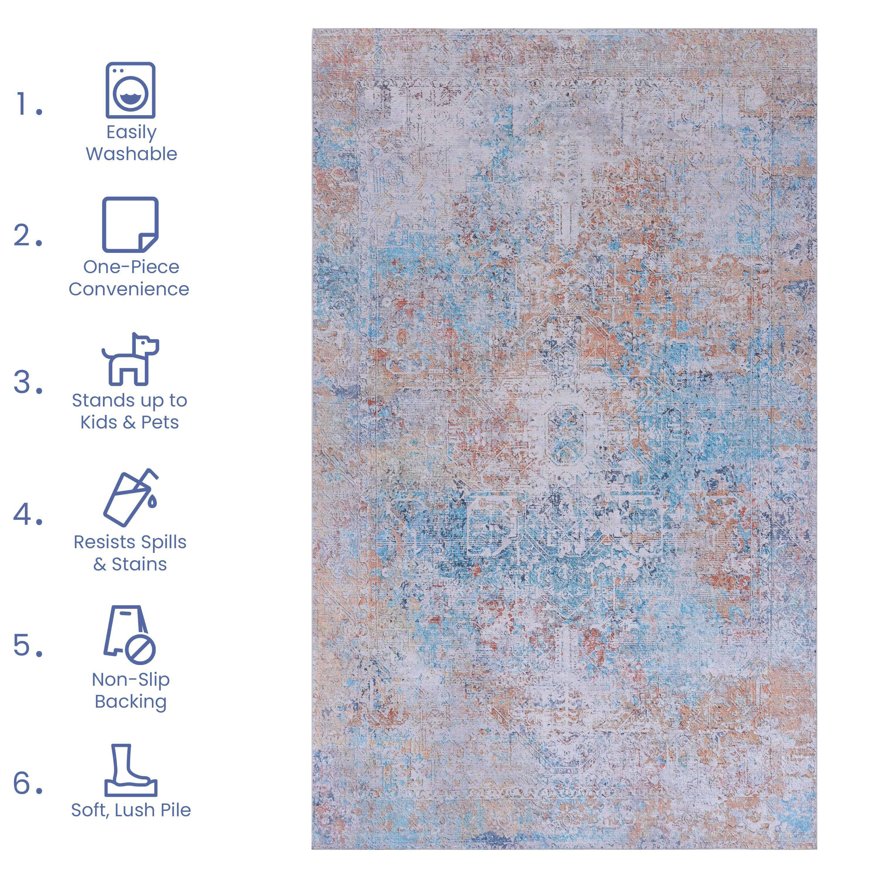 Area Rug 5' x 8' Non-Slip Low Pile Chenille Rug Stain Resistant Indoor Carpet for Living Room Bedroom Dining Room Kitchen Hallway Playroom
