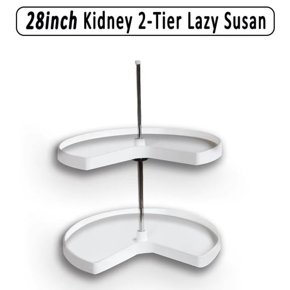 2 Tier Kidney Cut Lazy Susan for Corner Base Cabinets, Plastic, 28" Double Shelf Swivel Kitchen Organizer, White
