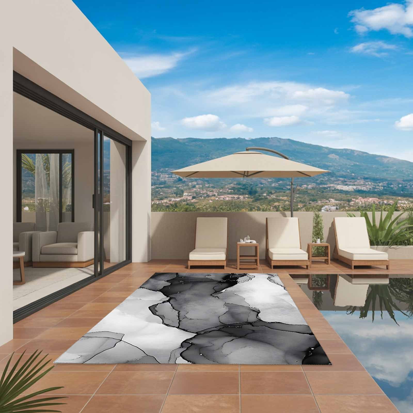 Outdoor Rug 5x8ft Abstract Ombre Grey Black Marble Large Area Rug Modern Art Indoor Outdoor Carpet Outdoor Rugs Mats for Patio Camping,RV,Front Door, Outside Decor