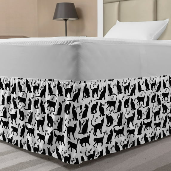 Cat Bed Skirt, Black Silhouettes in Different Positions Friendly Furry Feline Domestic Pet, Elastic Bedskirt Dust Ruffle Wrap Around for Bedding Decor, 4 Sizes, Black White, by Ambesonne