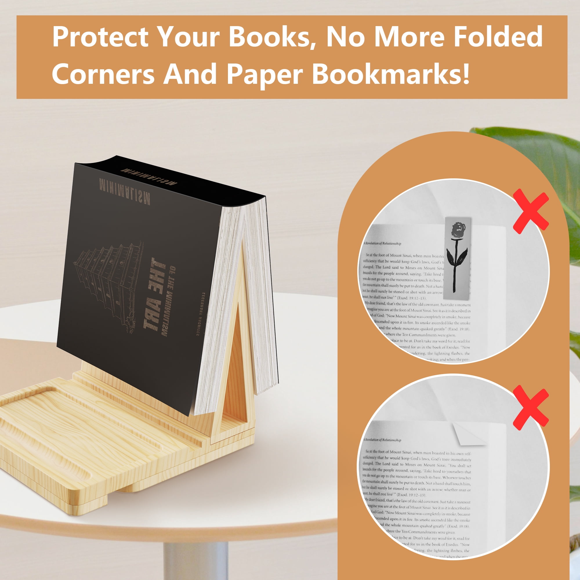 Wooden Triangle Book Holder for Page Rest, Bookmark Holder with Retractable Cup Holder, Desk Decor Book Rest for Pen, Glasses, Book Display Stand for Bedroom Nightstand, Office Book Lovers