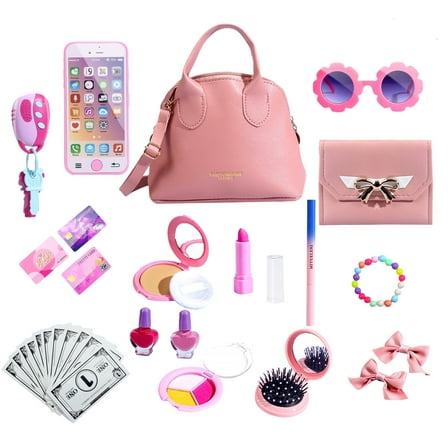 TiokMc Princess Themed Play Purse, 31-Piece Pretend Makeup & Accessories Toy Set with Handbag, Phone & More for Girls Ages 3–8