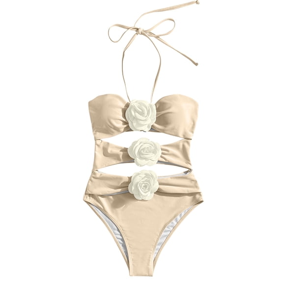 UTSJKR Women's Floral 3D Rose Halter One-Piece Swimsuit, Sexy Cutout Waist Cheeky Bathing Suit for Beach & Vacation Beige M