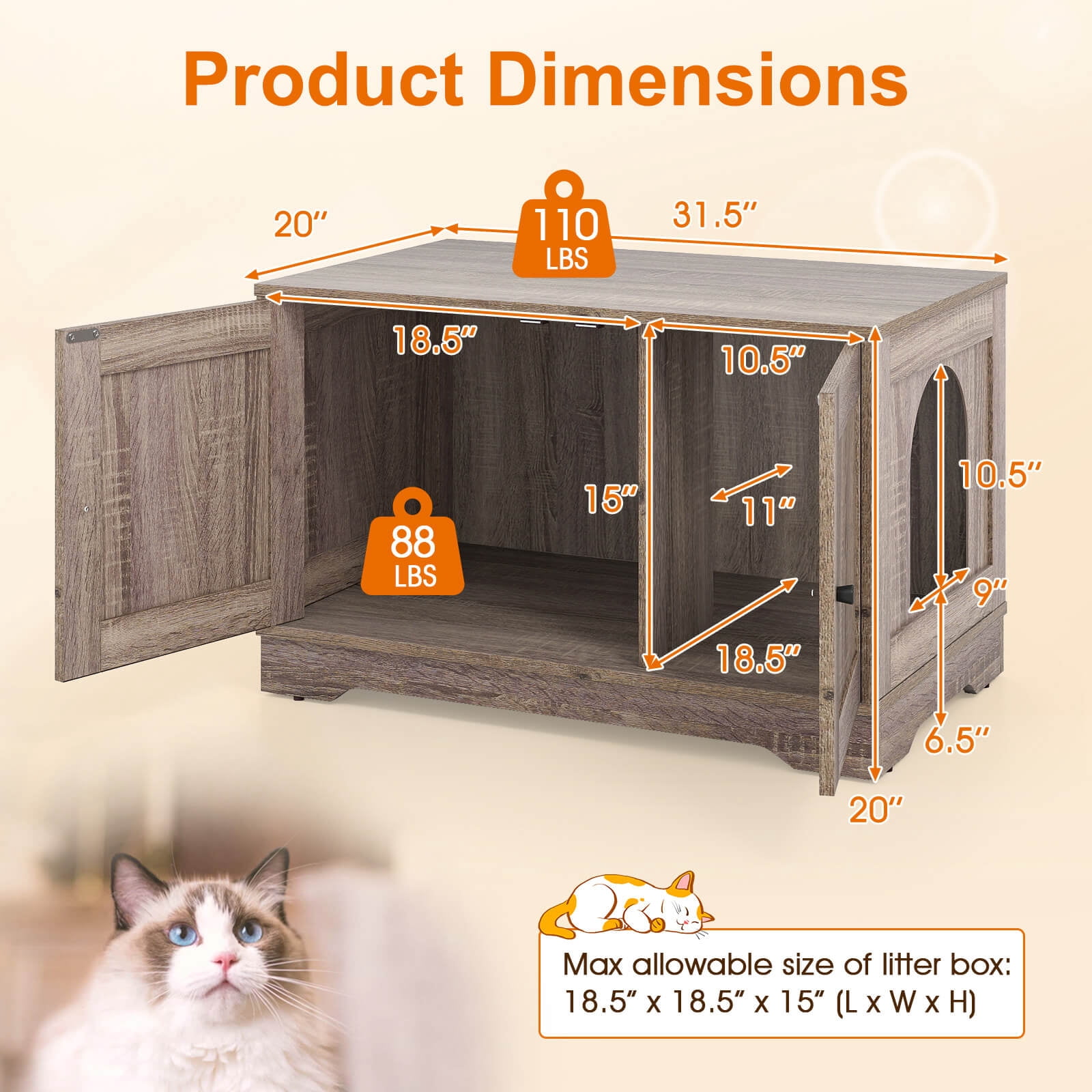 Costway Cat Litter Box Enclosure Furniture with Double Doors Divider Side Entry for Cats Gray