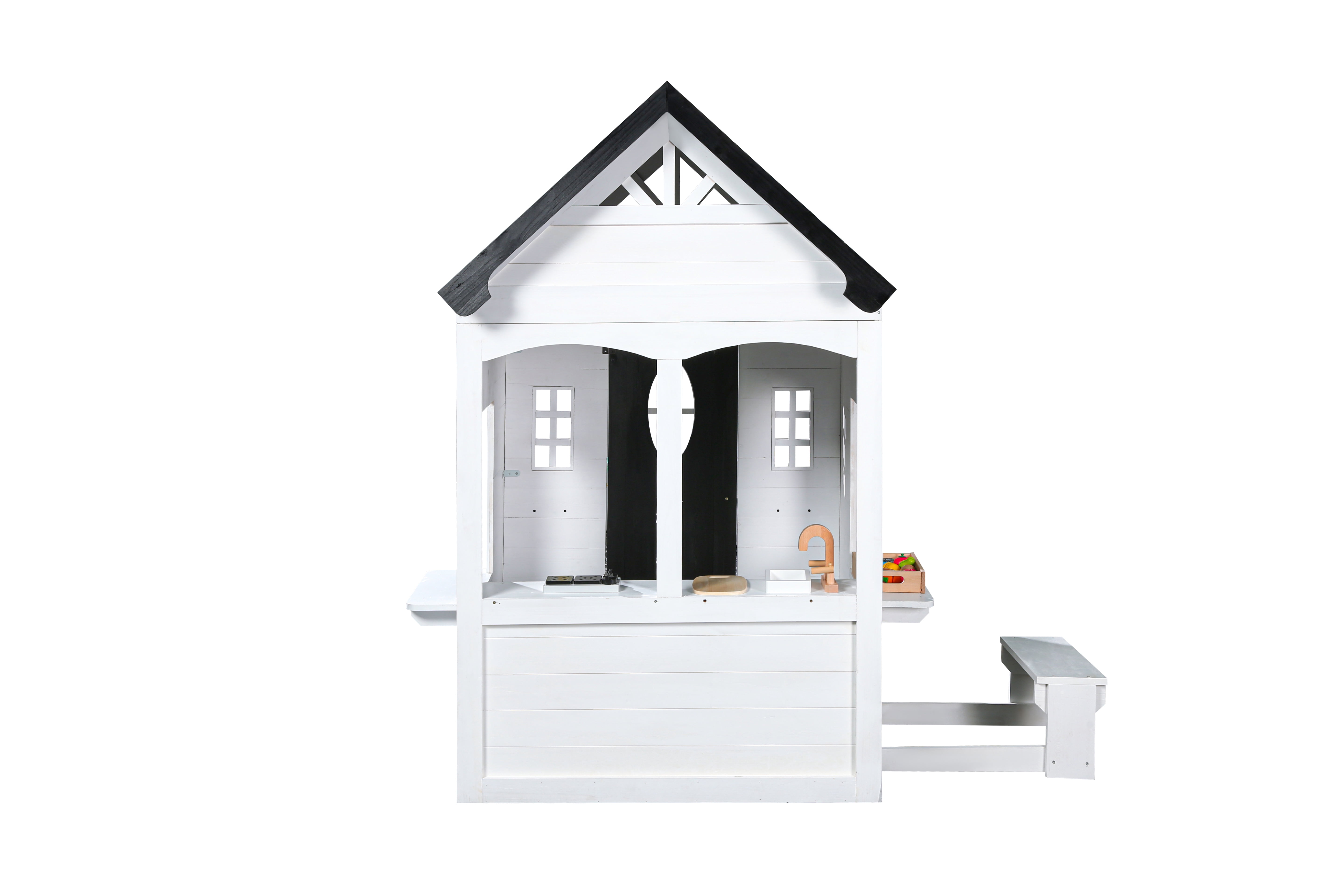 2MamaBees Zahara Playhouse | White & Black Farmhouse Design with Kitchen and Garden