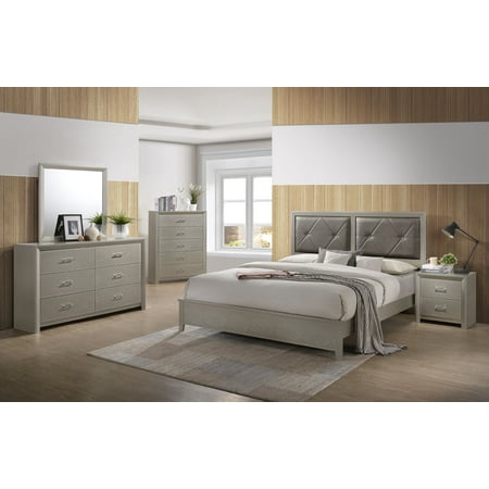 5pc Bedroom Set (Bed, Nightstand, Dresser, Mirror, Chest) Champagne Metallic Crocodile Texture