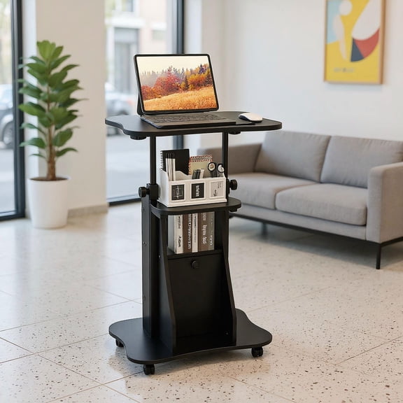 Barara King Adjustable Mobile Standing Desk Cart with Tilt Desktop and Cabinet-Black