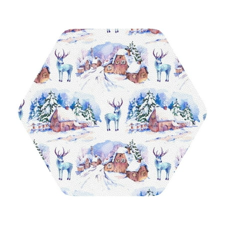 

Adobk Snowy Cottage Holiday Scene Print Leather Coasters for Drinks(6 Pack) Durable Drink Coasters Set Luxurious Home Décor and Housewarming Gift Hexagon