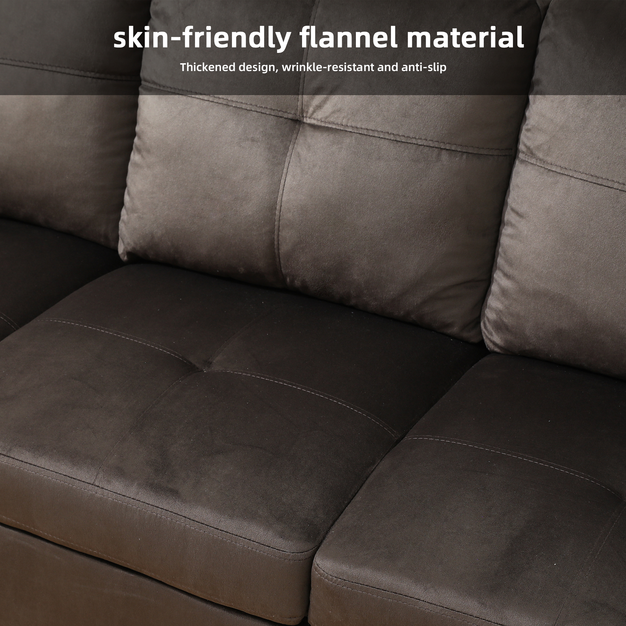 MAYEERTY 97" Flannel Sectional Sofa, 3-Piece Couch Living Room Sofa Set with Ottoman, Dark Brown (Left)