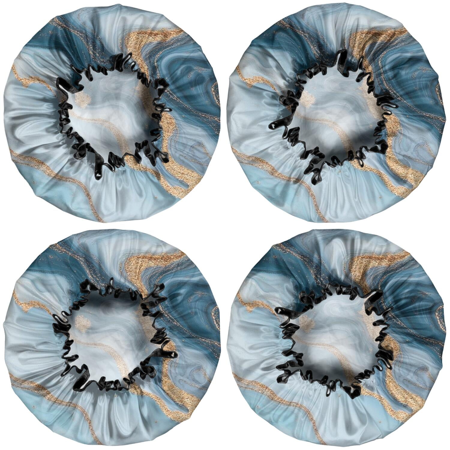 Shower Caps,Blue Marble Gold Wave Pattern Waterproof Shower Cap for Women 4 Pieces,Double Reusable Hair Cover for Shower PEVA Elastic Stretch Hem