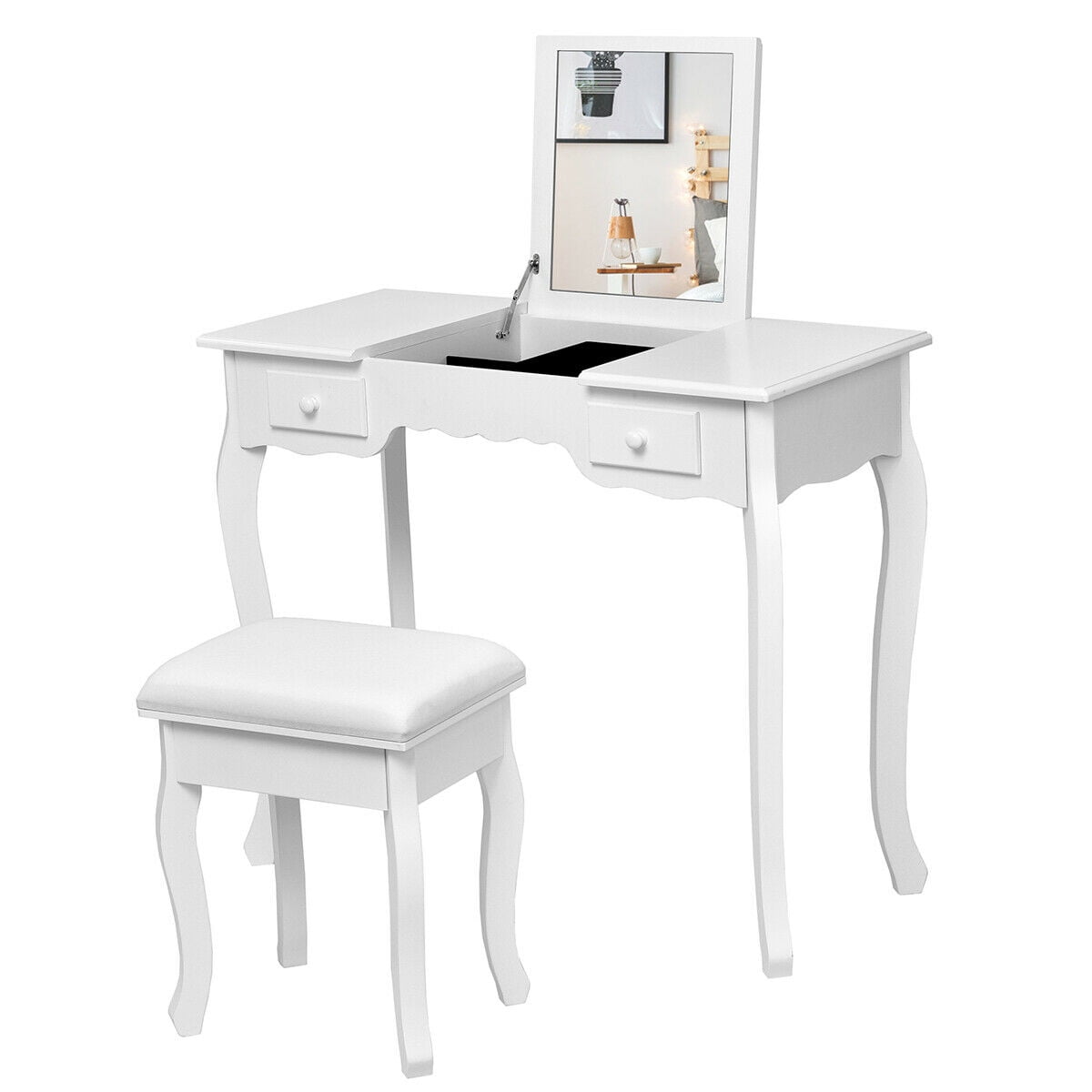 Gymax Mirrored Vanity Set Make Up Dressring Table Stool