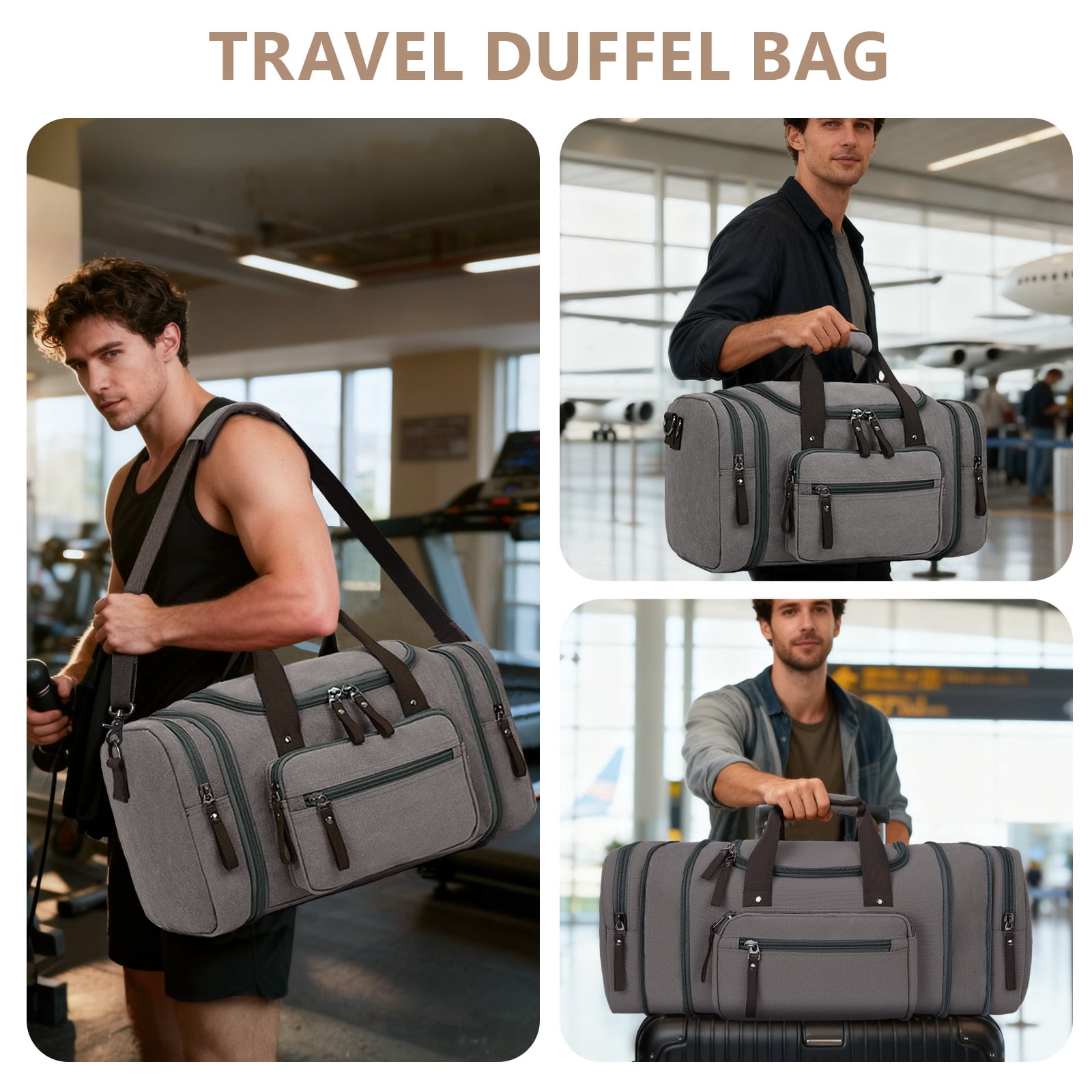 DAKOMM Canvas Duffle Bag 50L, Duffle Bag for Travel Expandable Duffel Bags Waterproof Weekender Overnight Travel Bag Gym Carry On Luggage Bag for Men & Women (Gray)