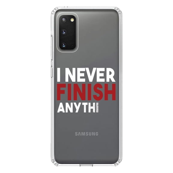 DistinctInk Clear Shockproof Hybrid Case for Galaxy S20 ULTRA / 5G (6.9" Screen) - TPU Bumper Acrylic Back Tempered Glass Screen Protector - I Never Finish Anythi