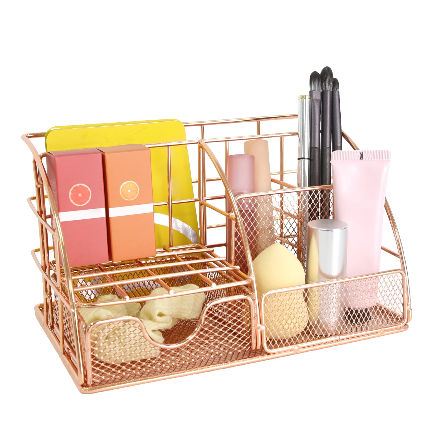 Rose Gold Desktop Organizer - Metal File Holder & Office Supply Rack - Multifunctional Storage for Stationery, Mail, Cosmetics - Compact Design for Home Office & Workspace