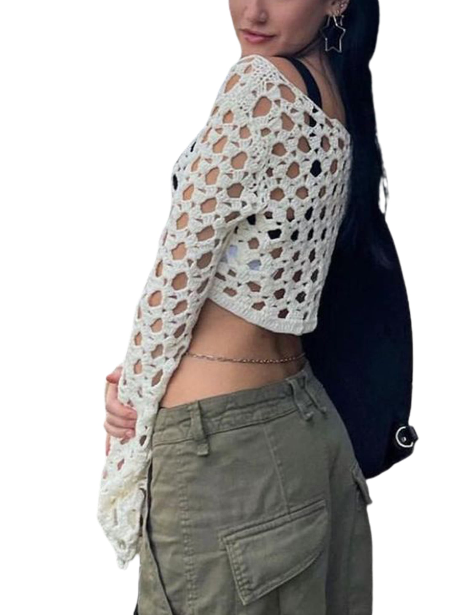 Listenwind Women's Basic Crop Tops, Long Sleeve Scoop Neck Low Cut Crop  Top Sexy Slim Fit Solid T Shirt