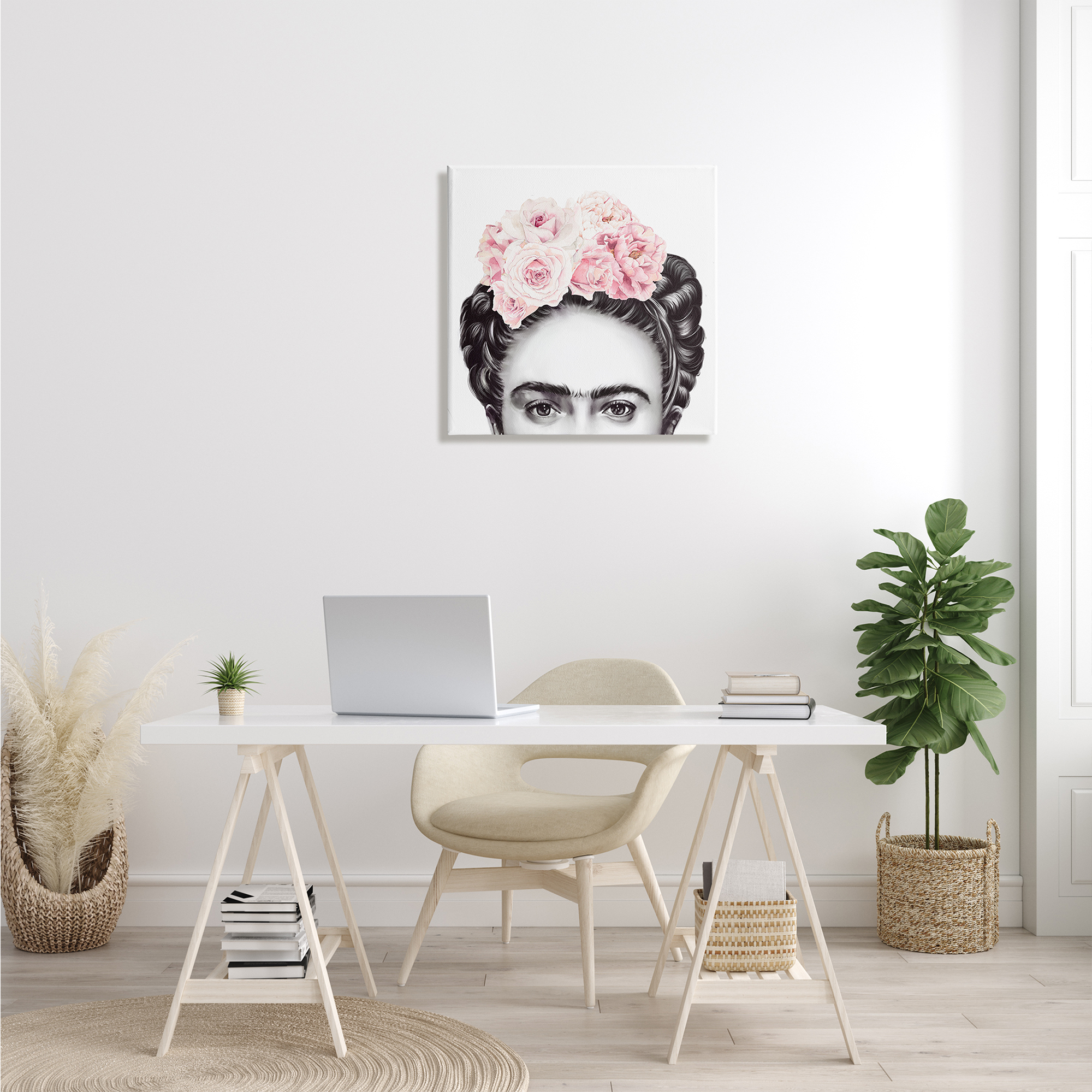 Stupell Industries Frida With Pink Roses Powerful Full Eyed Portrait, 24 x 24, Designed by Ros Ruseva