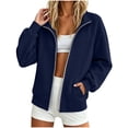 thumbnail image 3 of Hfnxid Sweatshirt for Women Full Zip No Hooded Jackets Casual Loose Long Sleeve Collared Jacket Fall Winter Outerwear with Pockets Navy S, 3 of 10