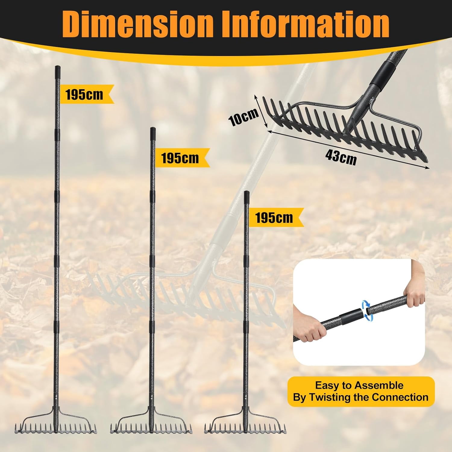 Garden Rake, 63 inch Long Handle with 17 Tongs, Heavy Duty Metal Rake for Loosening Leveling Soil, Grass, Wedding