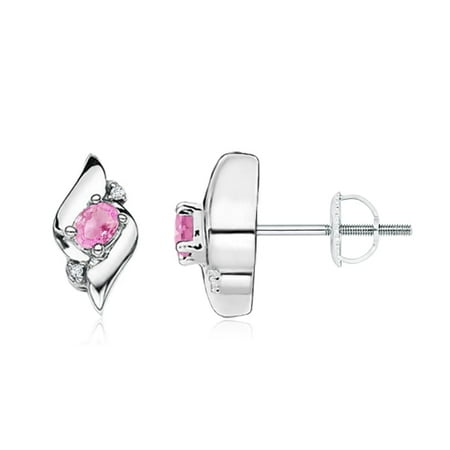 Oval Shell Earrings - September Birthstone Earrings - Oval Pink Sapphire and Diamond Shell Stud Earrings in 14K White Gold (4x3mm Pink Sapphire) - SE0121PS-WG-A-4x3