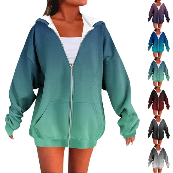 CFLVAEK Womens Zip Up Hoodie Fall Fashion Gradient Graphic Hoodies Jacket Loose Fitting Long Sleeve Hooded Sweatshirts with Pockets Purple M