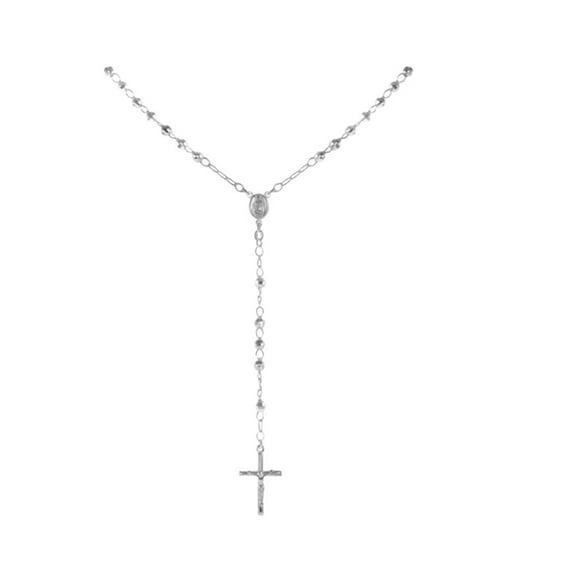 925 Sterling Silver Diamond Cut Italian 4mm Rosary Beads Chain with Cross Necklace 22" Rosario