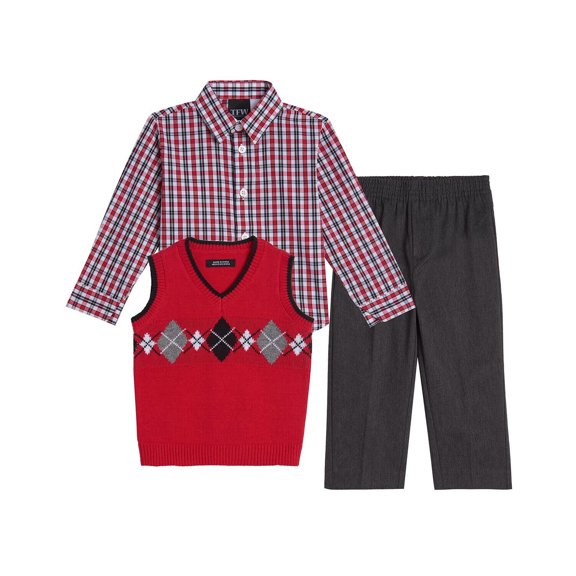 TFW Little Boys Argyle 3 Piece Sweater Set – Dark Red, 5