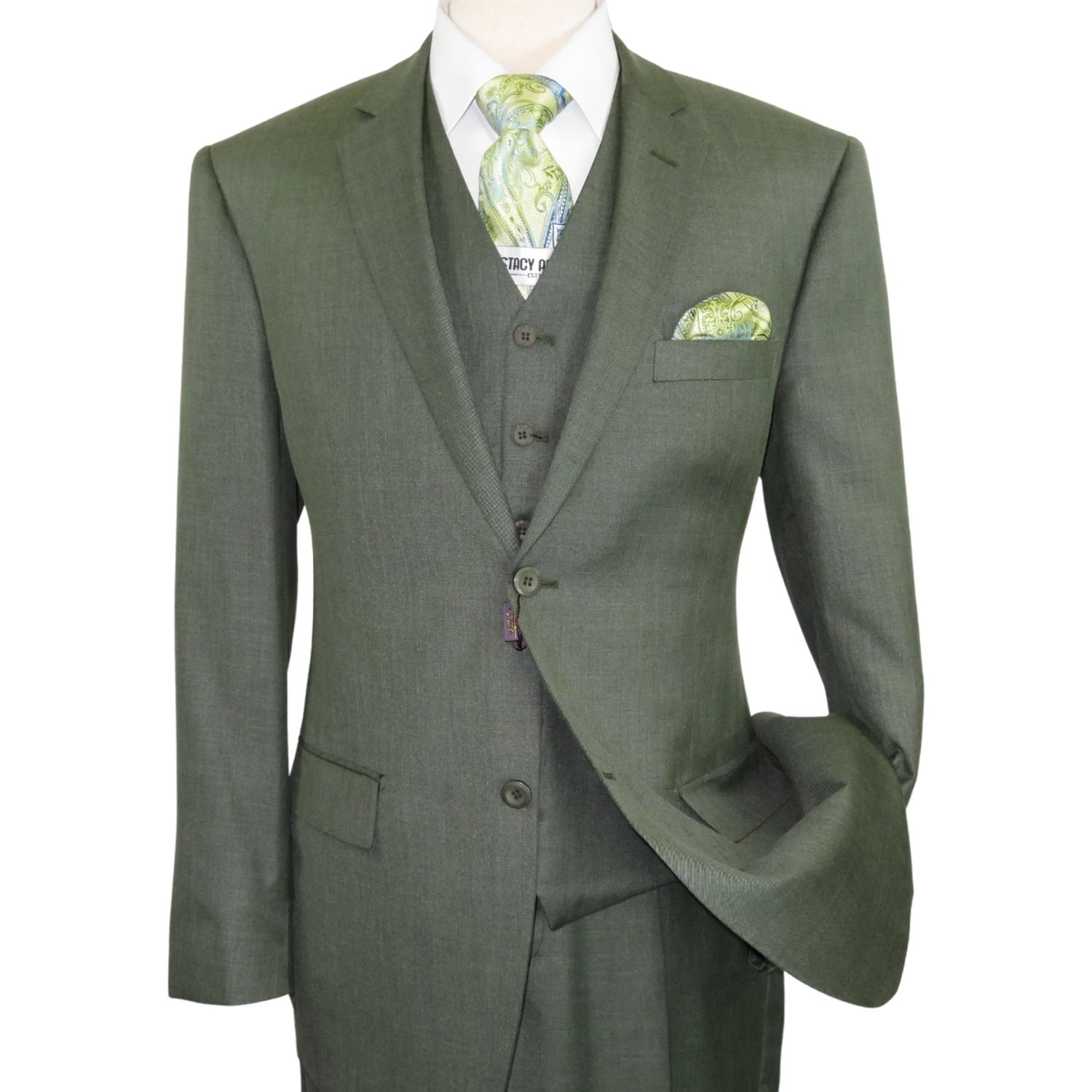 VINCI Men's Olive Green 3 Piece 3 Button Classic Fit Suit w/ Matching Vest NEW 
