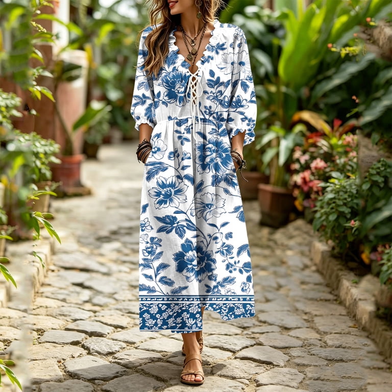 Karymi Easter Dress Solid Bohemian Maxi Dress, Ruffle V Neck Lace-Up Front 3/4 Puff Sleeve Elastic Waist Flowy Beach Vacation Sundress Summer Dresses 