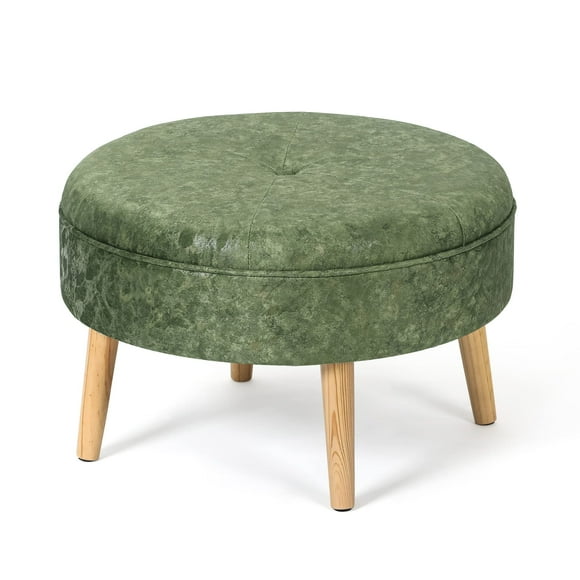 Adeco Round Small Ottoman, Velvet Upholstered Button Tufted Footrest Stool Padded Seat with Wood Legs, Modern Footstool Coffee Table Pet Step Stool for Living Room Bedroom Couch Desk (Green-Gold)