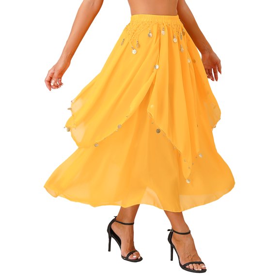 Kaerm Women's Bell Dance Chiffon Skirt with Coin Tribal Folk Dance Swing Dress Belly Dancewear Yellow One Size