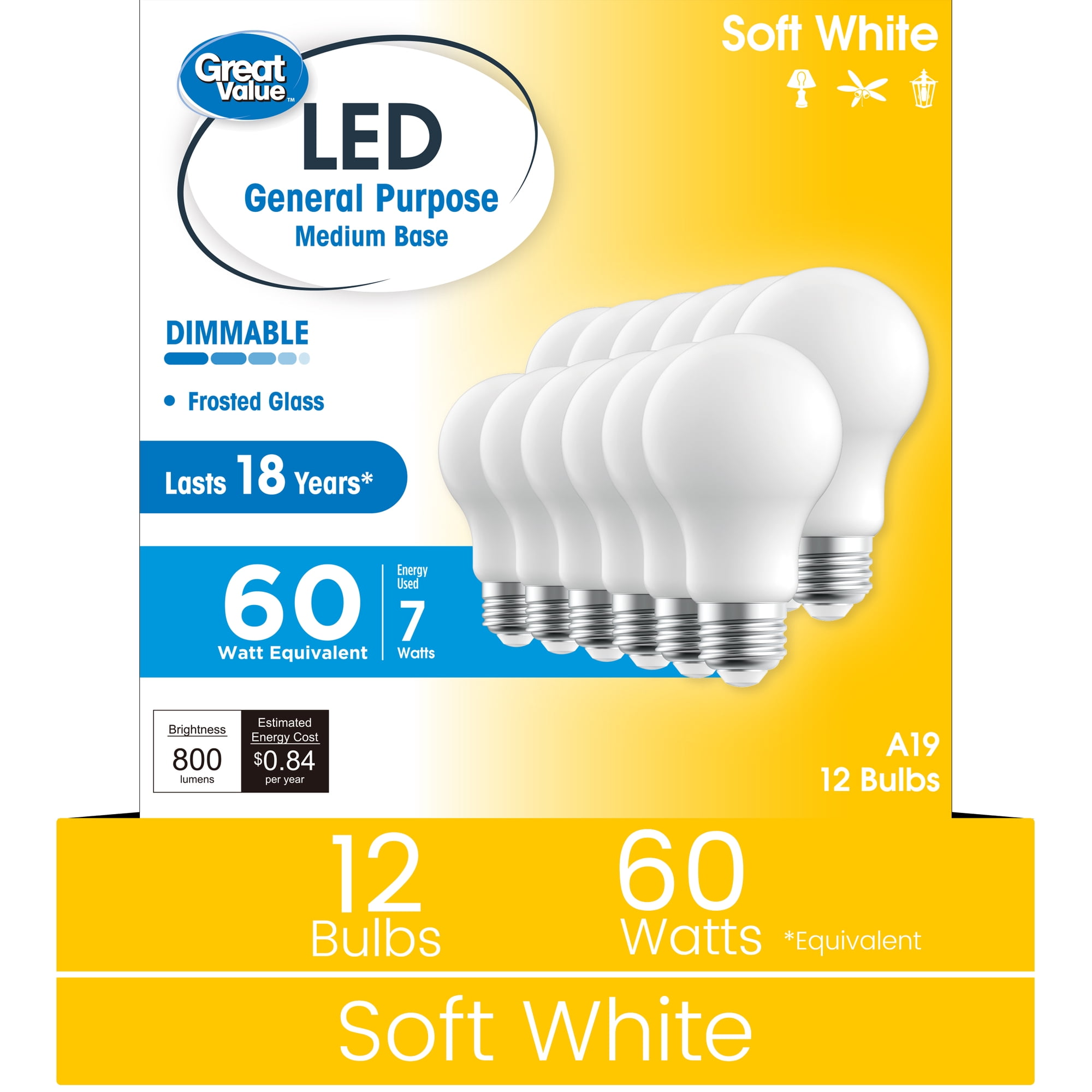 Great Value A19 LED Light Bulbs 7W (60W Equivalent) Soft White E26 Medium Base Dimmable 12 Pack