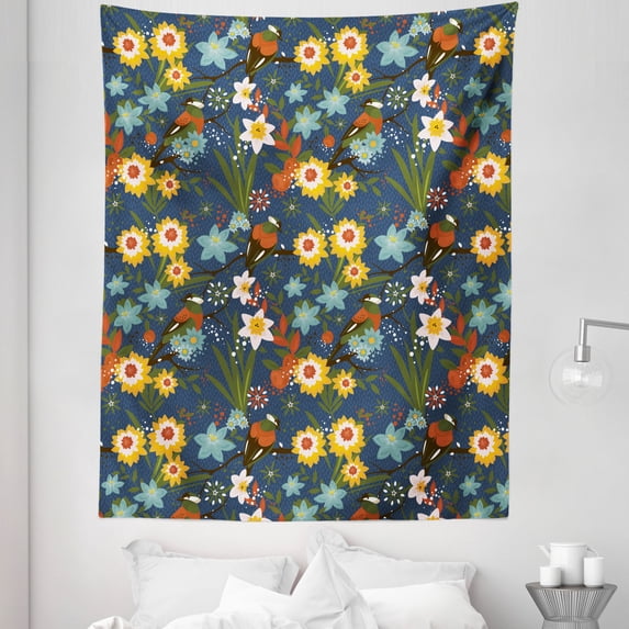 Floral Tapestry, Vintage Birds Blossoms Art Abstract Arrangement with Berries Print, Fabric Wall Hanging Decor for Bedroom Living Room Dorm, 5 Sizes, Multicolor, by Ambesonne