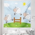 thumbnail image 1 of Sheep Tapestry, Funny Lamb Jumping Over Fences Sleep Farm Meadow Stock Animal Illustration, Fabric Wall Hanging Decor for Bedroom Living Room Dorm, 5 Sizes, Pale Blue Lime Green, by Ambesonne, 1 of 1
