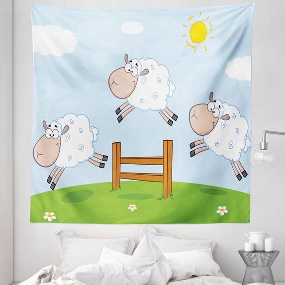 Sheep Tapestry, Funny Lamb Jumping Over Fences Sleep Farm Meadow Stock Animal Illustration, Fabric Wall Hanging Decor for Bedroom Living Room Dorm, 5 Sizes, Pale Blue Lime Green, by Ambesonne