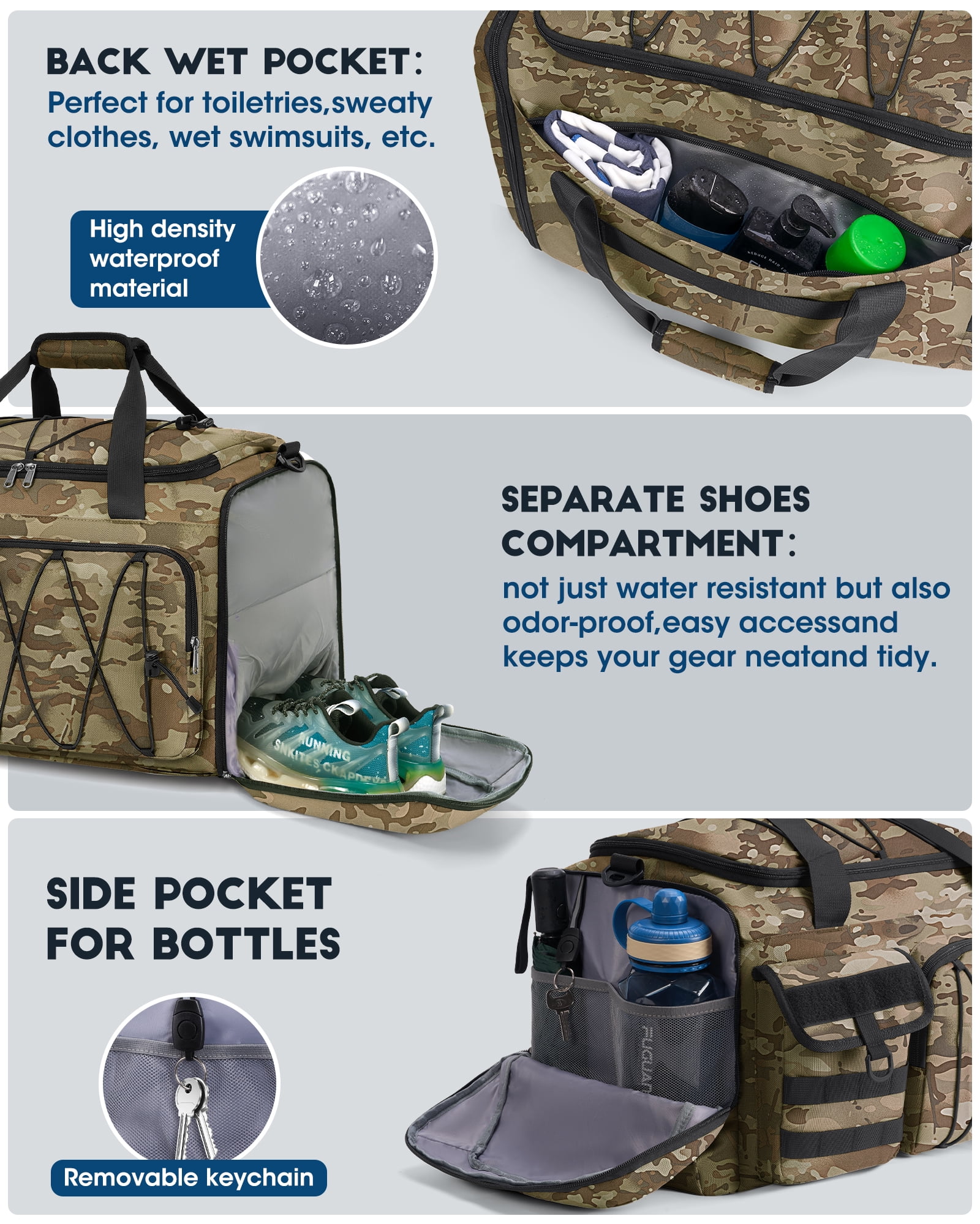 Gym Bag for Men 45L Sports Duffel Bags 3-in-1 Travel Duffel Bag with Shoe Compartment,Gym Workout Backpack Weekender Bag Overnight Bag for Travel, Khaki