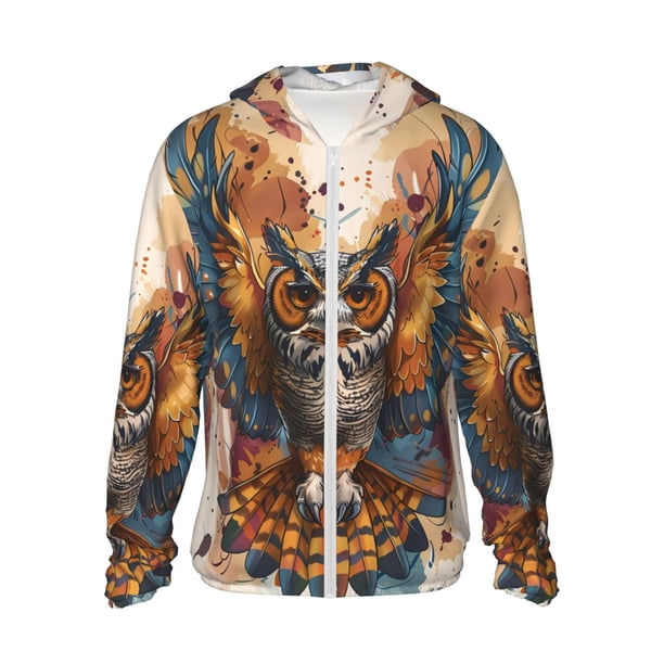 Fotbe Colorful Owl Tattoo Art Chaqueta con Protección Solar UPF 50+ para Hombre y Mujer, Camisa con Capucha y Bolsillos-Large