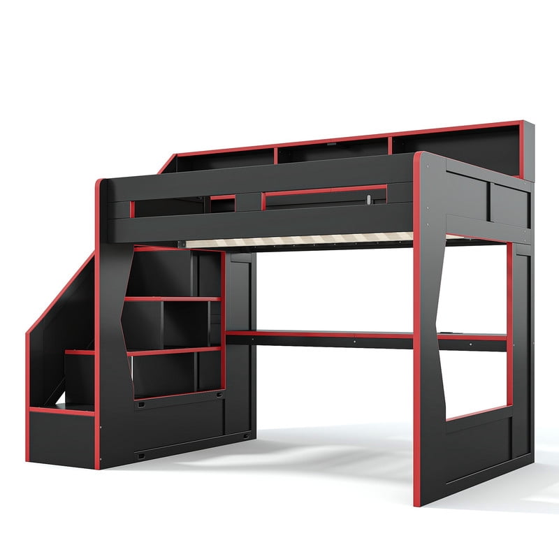 Full Size Teens Gaming Bed Frame with Storage Stair & Open Headboard Shelves, Wood Loft Bed with LED Light & Power Outlet Desk